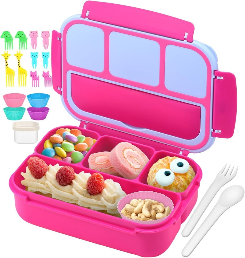 QQKO Bento Box for Kids Adults, School Toddler Lunch Box for Boys Girls, Lunch Box Containers with 4 Compartments, Sauce Container, Utensils, Food Picks and Muffin Cups for School, Pink Blue - Image 1